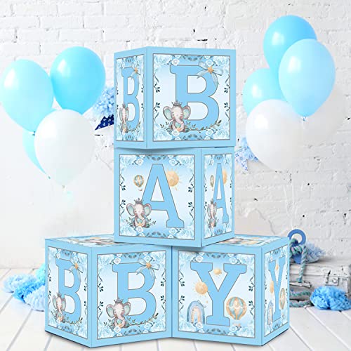 4 Pcs Blue Elephant Baby Balloon Boxes, Blue Theme Baby Boxes with Elephant Printed for Blue Boy Baby Shower Birthday Party Decorations Gender Reveal Backdrop