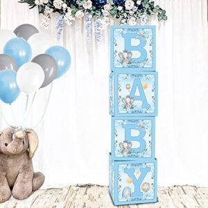 4 Pcs Blue Elephant Baby Balloon Boxes, Blue Theme Baby Boxes with Elephant Printed for Blue Boy Baby Shower Birthday Party Decorations Gender Reveal Backdrop