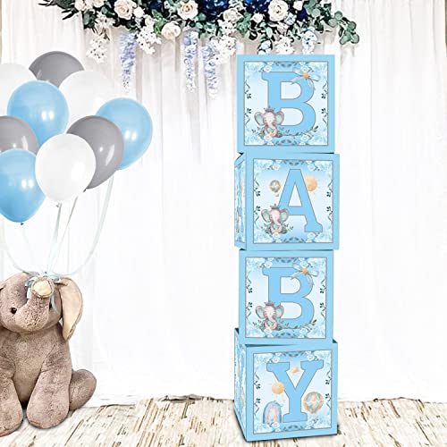 4 Pcs Blue Elephant Baby Balloon Boxes, Blue Theme Baby Boxes with Elephant Printed for Blue Boy Baby Shower Birthday Party Decorations Gender Reveal Backdrop