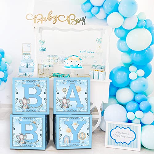 4 Pcs Blue Elephant Baby Balloon Boxes, Blue Theme Baby Boxes with Elephant Printed for Blue Boy Baby Shower Birthday Party Decorations Gender Reveal Backdrop