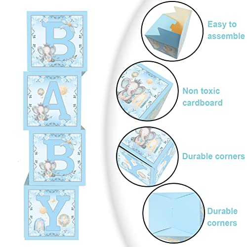 4 Pcs Blue Elephant Baby Balloon Boxes, Blue Theme Baby Boxes with Elephant Printed for Blue Boy Baby Shower Birthday Party Decorations Gender Reveal Backdrop