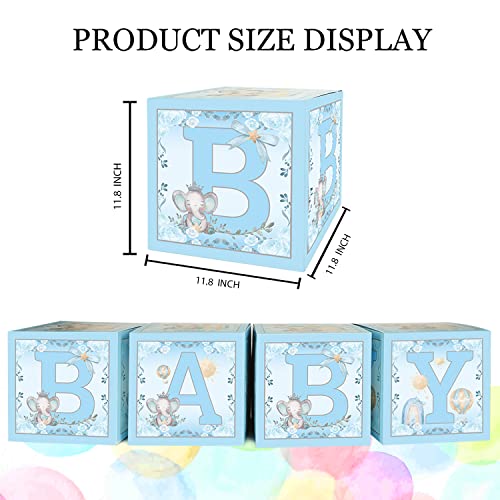 4 Pcs Blue Elephant Baby Balloon Boxes, Blue Theme Baby Boxes with Elephant Printed for Blue Boy Baby Shower Birthday Party Decorations Gender Reveal Backdrop