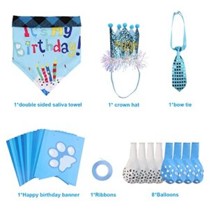 Ownpets Dog Birthday Outfit Set, Shinning Dog Bow Tie with Prince Crown & Double Sided Saliva Towel, Birthday Banner & Paw Print Balloons for Pet Puppy Dog Cat Boy Birthday Parties