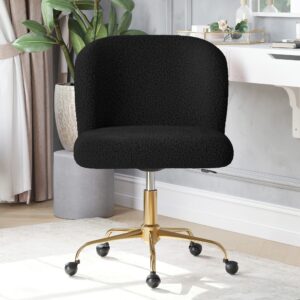 belleze modern upholstered boucle desk chair with swivel wheels and adjustable height, decorative rolling office or vanity, stylish comfy - aston (gold - black)