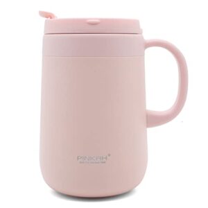 pinkah stainless steel coffee mug with lid and handle, double wall vacuum insulated cup, 16oz, pink