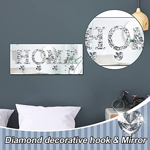 Yalikop Crush Diamond Mirrored Home Letter Plaque Sign Wall Mounted Key Holder Clear Heart Shape Hooks Key Hanger Christmas Gift for Wall Door Bookshelf Decorative