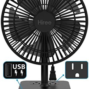 Hiree Desk Fan with USB Charging Port, 2 Speeds 6.7 Inch Small Desktop Table Fan with 2 AC Outlets and LED Lights, Strong Wind, Quiet Operation - Personal Fan for Home, Dorm Room, Office