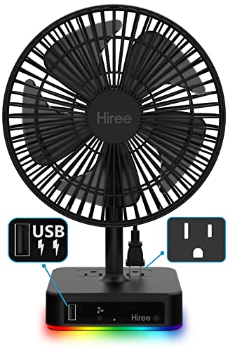 Hiree Desk Fan with USB Charging Port, 2 Speeds 6.7 Inch Small Desktop Table Fan with 2 AC Outlets and LED Lights, Strong Wind, Quiet Operation - Personal Fan for Home, Dorm Room, Office