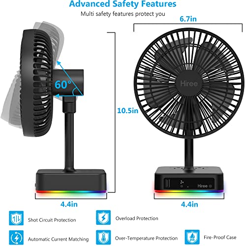 Hiree Desk Fan with USB Charging Port, 2 Speeds 6.7 Inch Small Desktop Table Fan with 2 AC Outlets and LED Lights, Strong Wind, Quiet Operation - Personal Fan for Home, Dorm Room, Office