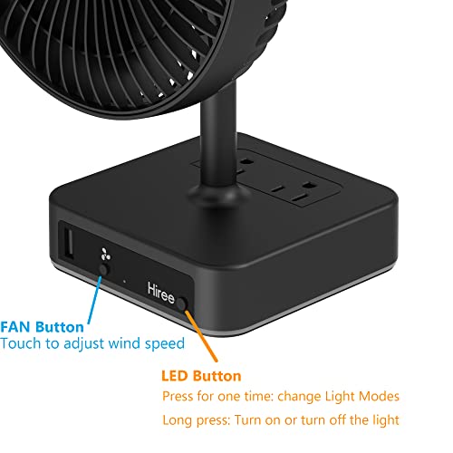 Hiree Desk Fan with USB Charging Port, 2 Speeds 6.7 Inch Small Desktop Table Fan with 2 AC Outlets and LED Lights, Strong Wind, Quiet Operation - Personal Fan for Home, Dorm Room, Office