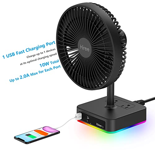 Hiree Desk Fan with USB Charging Port, 2 Speeds 6.7 Inch Small Desktop Table Fan with 2 AC Outlets and LED Lights, Strong Wind, Quiet Operation - Personal Fan for Home, Dorm Room, Office