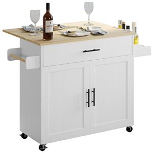 ironck rolling kitchen island table on wheels with drop leaf, storage cabinet, drawer, spice rack, towel rack, kitchen cart, white