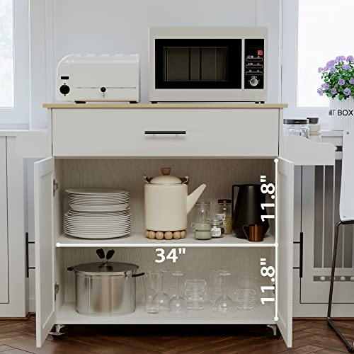 IRONCK Rolling Kitchen Island Table on Wheels with Drop Leaf, Storage Cabinet, Drawer, Spice Rack, Towel Rack, Kitchen Cart, White