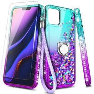 NGB Supremacy Case for iPhone 12/12 Pro with Tempered Glass Screen Protector, Ring Holder/Wrist Strap, Girls Women Kids Bling Sparkle Liquid Floating Glitter Cute Case Cover (Aqua/Purple)