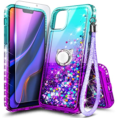 NGB Supremacy Case for iPhone 12/12 Pro with Tempered Glass Screen Protector, Ring Holder/Wrist Strap, Girls Women Kids Bling Sparkle Liquid Floating Glitter Cute Case Cover (Aqua/Purple)