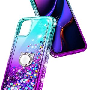 NGB Supremacy Case for iPhone 12/12 Pro with Tempered Glass Screen Protector, Ring Holder/Wrist Strap, Girls Women Kids Bling Sparkle Liquid Floating Glitter Cute Case Cover (Aqua/Purple)