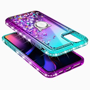 NGB Supremacy Case for iPhone 12/12 Pro with Tempered Glass Screen Protector, Ring Holder/Wrist Strap, Girls Women Kids Bling Sparkle Liquid Floating Glitter Cute Case Cover (Aqua/Purple)