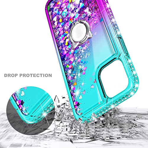 NGB Supremacy Case for iPhone 12/12 Pro with Tempered Glass Screen Protector, Ring Holder/Wrist Strap, Girls Women Kids Bling Sparkle Liquid Floating Glitter Cute Case Cover (Aqua/Purple)