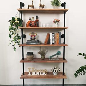 Anynice 5 Tier Industrial Ladder Shelf Bookcase, Wall Mounted Wood Metal Pipe Rustic Bookshelf for Living Room (Weathered Brown, 10" D x 36" W x 70" H)