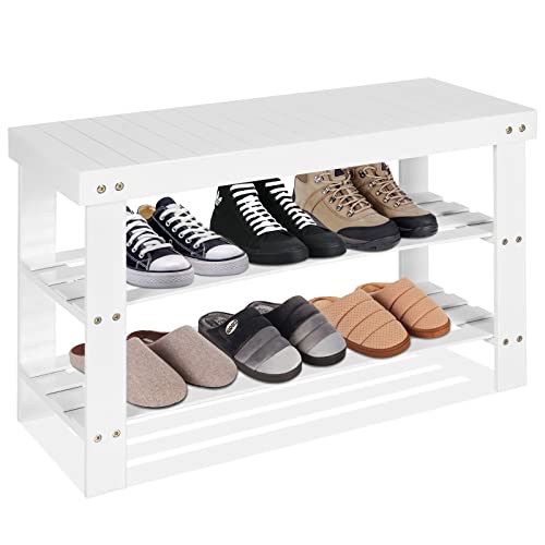 COSTWAY Bamboo Shoe Rack Bench 3-Tier Free Standing Wood Shoe Storage Organizer Shelf Holder Home Entryway Hallway Furniture Eco-Friendly (White)