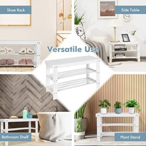 COSTWAY Bamboo Shoe Rack Bench 3-Tier Free Standing Wood Shoe Storage Organizer Shelf Holder Home Entryway Hallway Furniture Eco-Friendly (White)