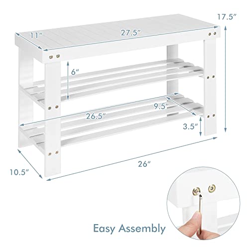 COSTWAY Bamboo Shoe Rack Bench 3-Tier Free Standing Wood Shoe Storage Organizer Shelf Holder Home Entryway Hallway Furniture Eco-Friendly (White)