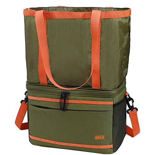 MIER Small Insulated Lunch Bags 12-Can Lunchbox Cooler Totes with Collapsible Expandable Compartment for Work Day-Trip Beach Grocery (Army Green/Orange)