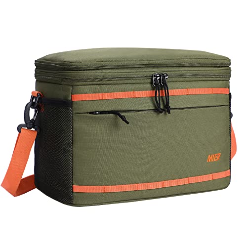 MIER Small Insulated Lunch Bags 12-Can Lunchbox Cooler Totes with Collapsible Expandable Compartment for Work Day-Trip Beach Grocery (Army Green/Orange)