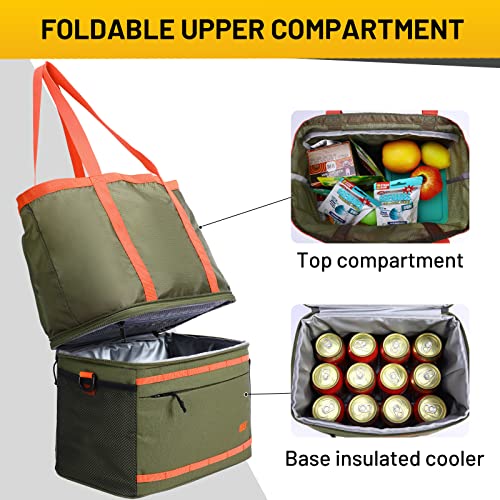 MIER Small Insulated Lunch Bags 12-Can Lunchbox Cooler Totes with Collapsible Expandable Compartment for Work Day-Trip Beach Grocery (Army Green/Orange)