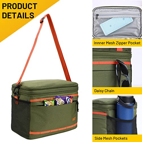 MIER Small Insulated Lunch Bags 12-Can Lunchbox Cooler Totes with Collapsible Expandable Compartment for Work Day-Trip Beach Grocery (Army Green/Orange)