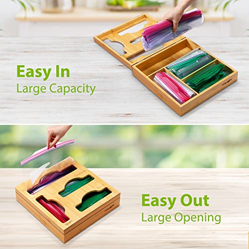 Wahopy Ziplock Bag Neat Organizer for Kitchen Drawer, Food Storage Bag Bamboo Dispenser Holder, Compatible with Gallon, Slider Quart, Sandwich and Snack Various Size Bag, Anti Slip, Easy to Use