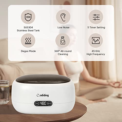 Adiding Ultrasonic Jewelry Cleaner, 650mL Professional Ultrasonic Cleaner with 5 Digital Timer, Degas Mode, 45kHz Jewelry Cleaner Ultrasonic Machine for Eyeglasses Watch Rings Necklaces Coins Dentures