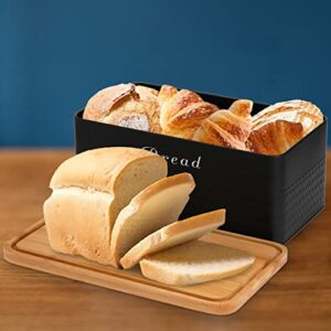 Bekith Metal Bread Box with Bamboo Lid, Modern Bread Storage Container Holder, Space-Saving Bread Keeper Bin for Kitchen Counter, Kitchen Decor Organizer, 13"x7"x5.25", Black