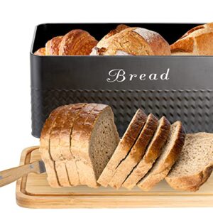 Bekith Metal Bread Box with Bamboo Lid, Modern Bread Storage Container Holder, Space-Saving Bread Keeper Bin for Kitchen Counter, Kitchen Decor Organizer, 13"x7"x5.25", Black