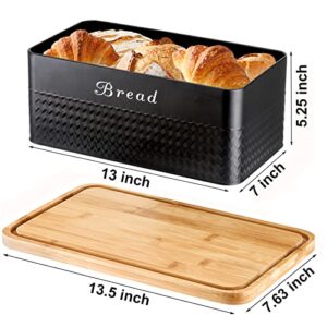 Bekith Metal Bread Box with Bamboo Lid, Modern Bread Storage Container Holder, Space-Saving Bread Keeper Bin for Kitchen Counter, Kitchen Decor Organizer, 13"x7"x5.25", Black