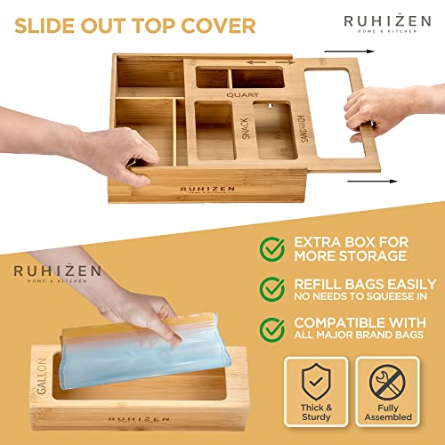 Ruhizen Food Storage Bag Organizer - Bamboo Ziplock Bag Organizer for Drawer, Countertop, or Wall Mounting - Baggie Dispenser with Gallon, Sandwich, Quart, and Snack Slots