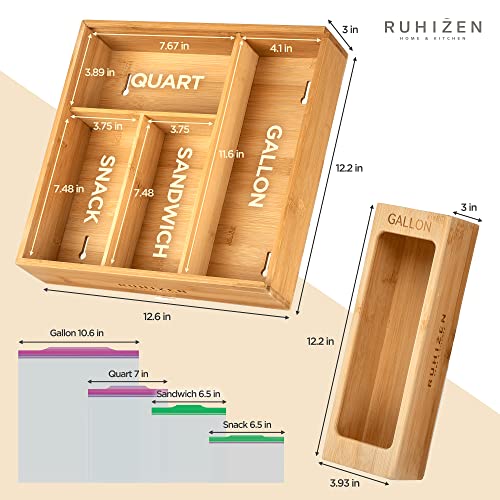Ruhizen Food Storage Bag Organizer - Bamboo Ziplock Bag Organizer for Drawer, Countertop, or Wall Mounting - Baggie Dispenser with Gallon, Sandwich, Quart, and Snack Slots