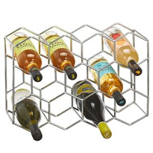 mdesign metal hexagon 3-tier wine rack - minimalist bottle holder for kitchen countertop, pantry, or refrigerator space - wine, beer, pop/soda, water bottles, and juice - holds 11 bottles - chrome