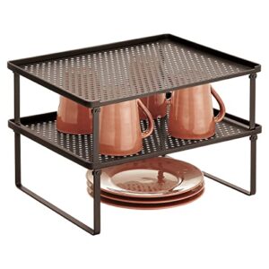mdesign metal kitchen shelf organizer rack - stacker storage risers for cabinet, counter, cupboard, or pantry - holder stand for plates, dishes, cups, bowl, and glasses - 2 pack - bronze