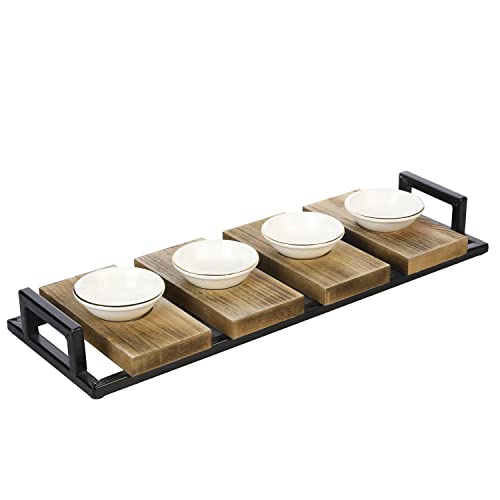 MyGift Black Metal and Burnt Wood Condiment Tray with Handles, White Ceramic Dipping Sauce Bowls for Dip or Appetizers Serving Tray