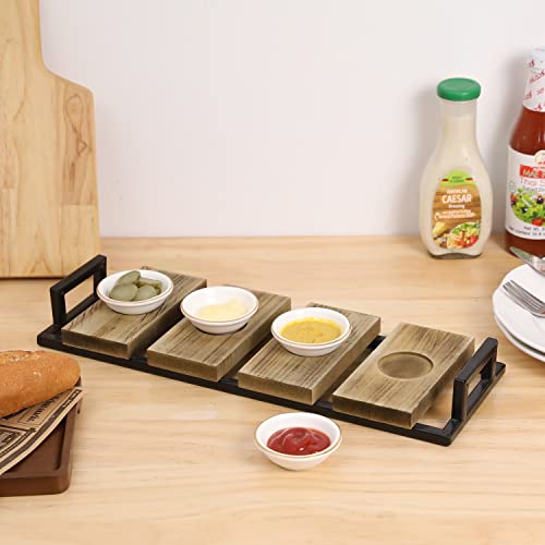 MyGift Black Metal and Burnt Wood Condiment Tray with Handles, White Ceramic Dipping Sauce Bowls for Dip or Appetizers Serving Tray