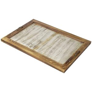 mygift 30 inch wood stove tray, solid burnt brown and whitewashed noodle board wooden stove-top cover, oversized large serving tray with vintage metal handles