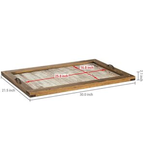 MyGift 30 inch Wood Stove Tray, Solid Burnt Brown and Whitewashed Noodle Board Wooden Stove-Top Cover, Oversized Large Serving Tray with Vintage Metal Handles