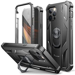 Dexnor Rugged Full Body Case for iPhone 12/12 Pro (6.1 inches) with Screen Protector & Ring Kickstand Car Mount, Slim Shockproof Protective Bumper Cover with Anti Dust Plugs (Black)