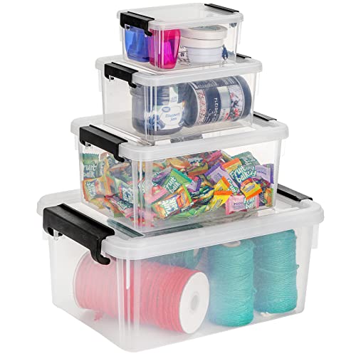 Jucoan 4 Pack Clear Plastic Storage Bin with Lid and Black Buckles, 8.5/4.5/1/0.5 Quart Stackable Plastic Latch Bin Tote Container for Snack Toy Crafts Art Supplies