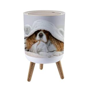 small trash can with lid cavalier king charles spaniel close up portrait funny dog lying on round recycle bin press top dog proof wastebasket for kitchen bathroom bedroom office 7l/1.8 gallon