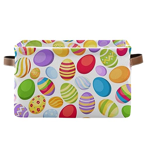 Large Foldable Storage Basket,Colored Easter Eggs Storage Bin Fabric Collapsible Organizer Bag with Handles 15x11x9.5 inch