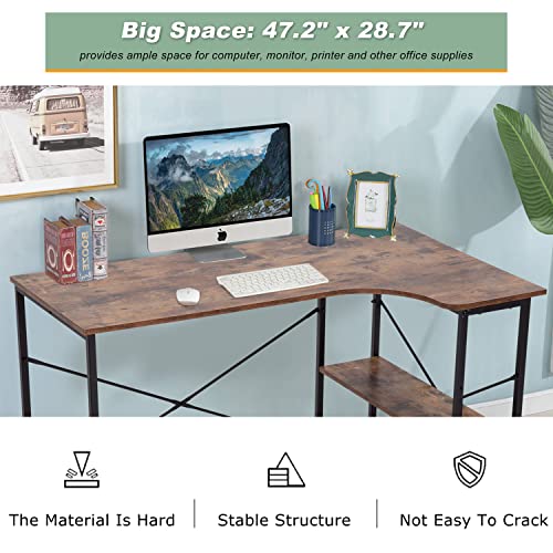 PayLessHere 47" Computer Desk Writing Bookshelf, L-Shaped Simple Modern Study Desk Laptop Table Workstation for Home Office, Easy Assembly, Dark Brown