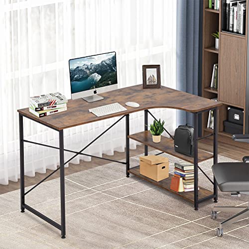 PayLessHere 47" Computer Desk Writing Bookshelf, L-Shaped Simple Modern Study Desk Laptop Table Workstation for Home Office, Easy Assembly, Dark Brown