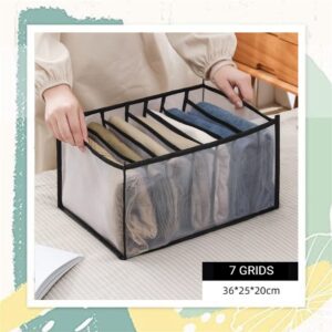 [2 PCS + 1 Free] Wardrobe Clothes Organizer for Folded Clothes - 7 Grid Wardrobe Clothes Organizer for Jeans, Underwear, T-Shirts, Leggings - Wardrobe Closet Organizer - Mesh Nylon(Black)